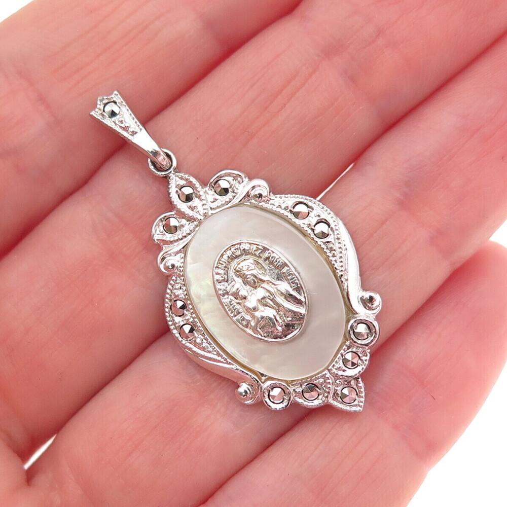 Theda 925 Sterling Silver Antique Art Deco Real MOP & Marcasite St. Mary Pendant